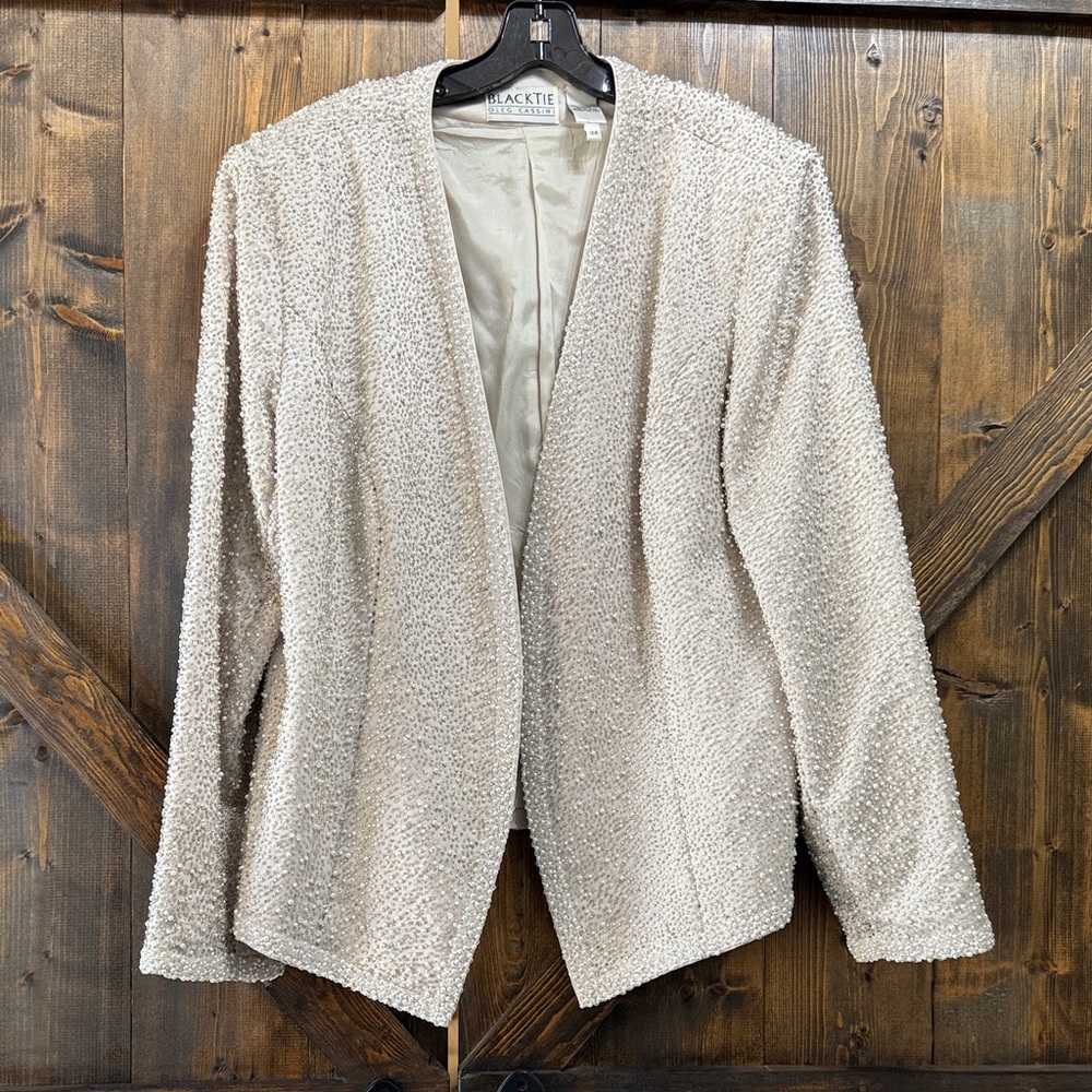 Oleg Cassini Pearl Embellished Cream Jacket